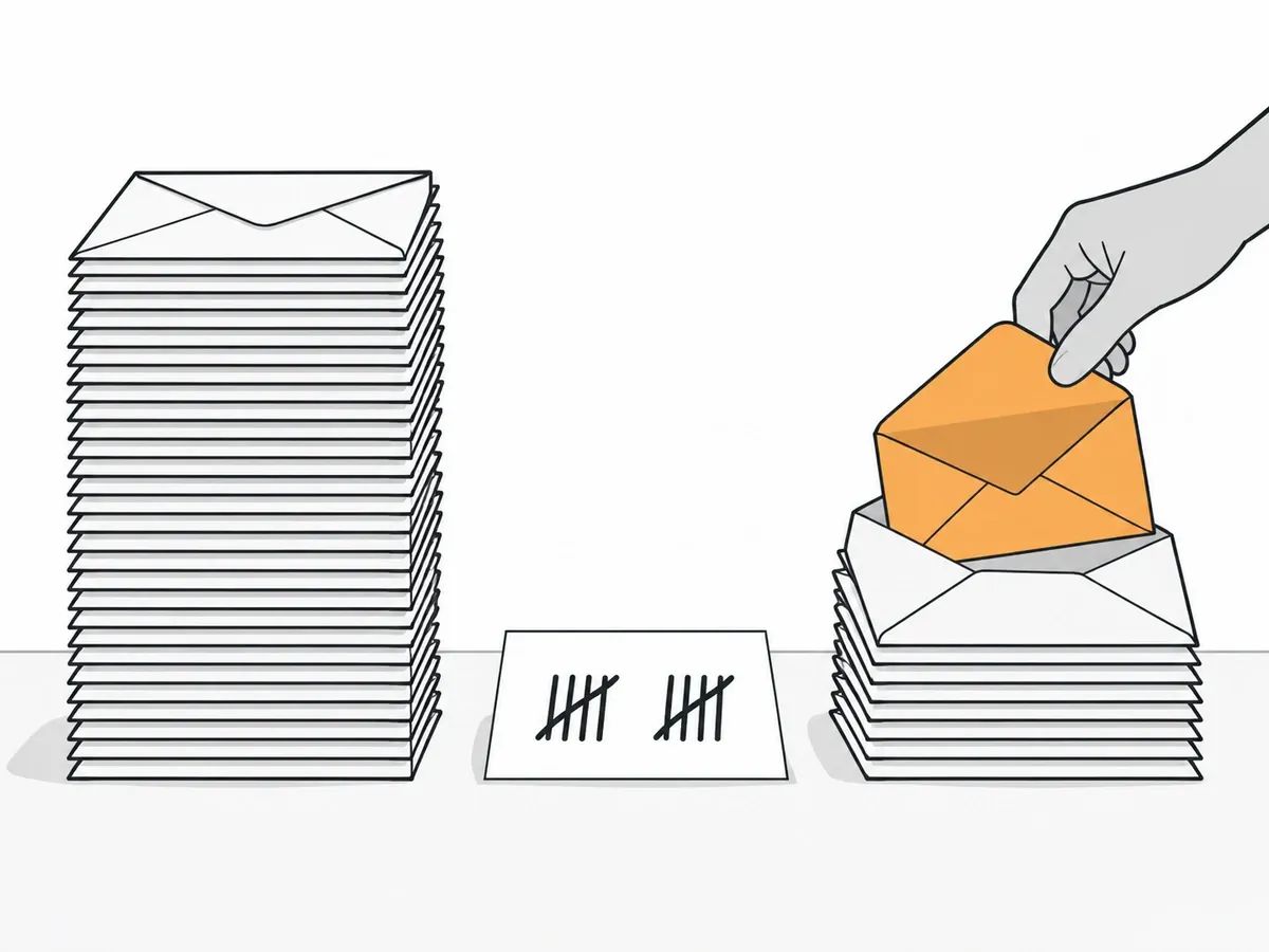 A tall stack of sealed envelopes, a card of tally marks, and a hand placing an orange opened envelope on a much shorter stack