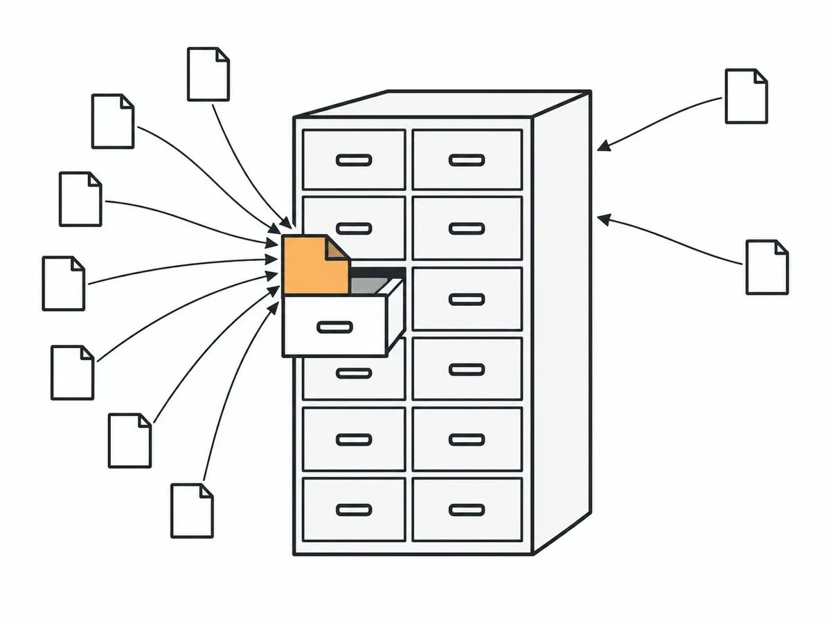 A filing cabinet with one page pulled from a drawer and many arrows arriving at that page, while only two arrows arrive at the cabinet