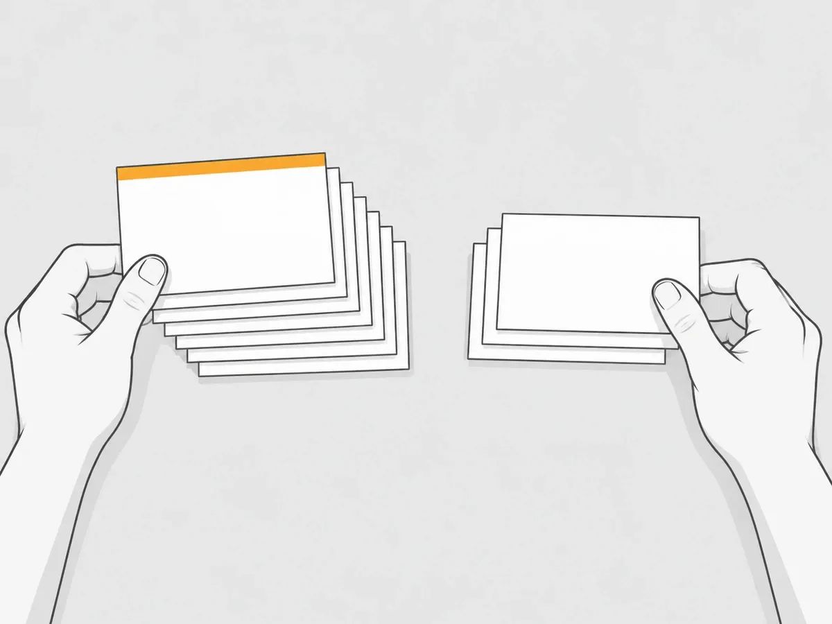 Hands sorting blank index cards into a pile of seven and a pile of three