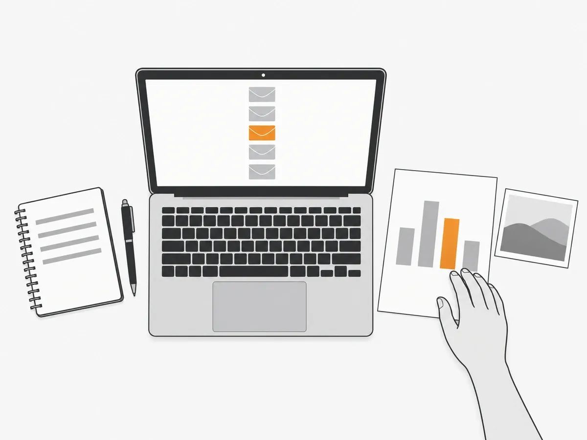 A laptop seen from above showing a column of five envelopes with one in orange, beside a sheet with a four-bar chart with one orange bar, a small landscape print, a notebook and a pen, with a hand resting on the chart