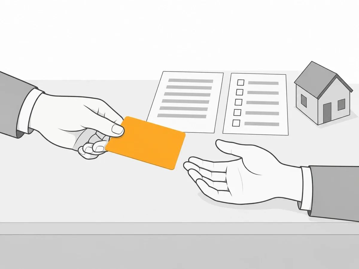 One hand passing an orange card across a desk to another hand, with a typed page, a checklist and a model house behind