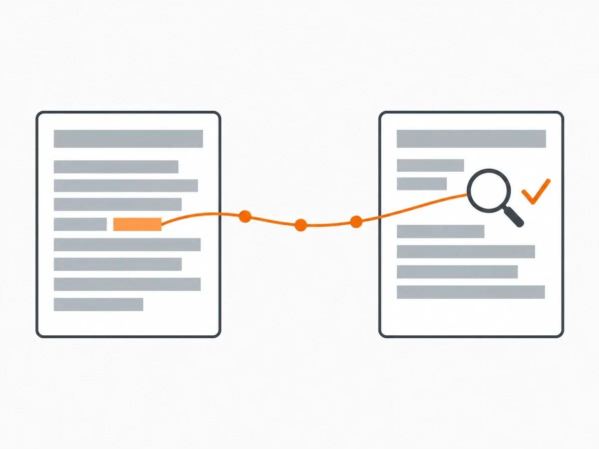 Diagram of a placed backlink: a paragraph on a relevant publication linking to the target page, with checks on the target page before placement and on the link after.
