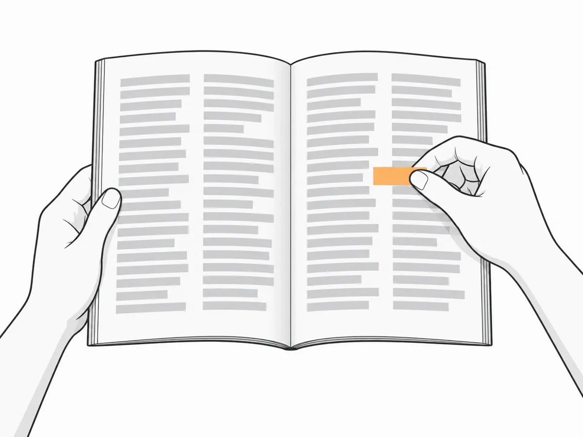 Hands holding an open magazine while placing a small paper tab in a column