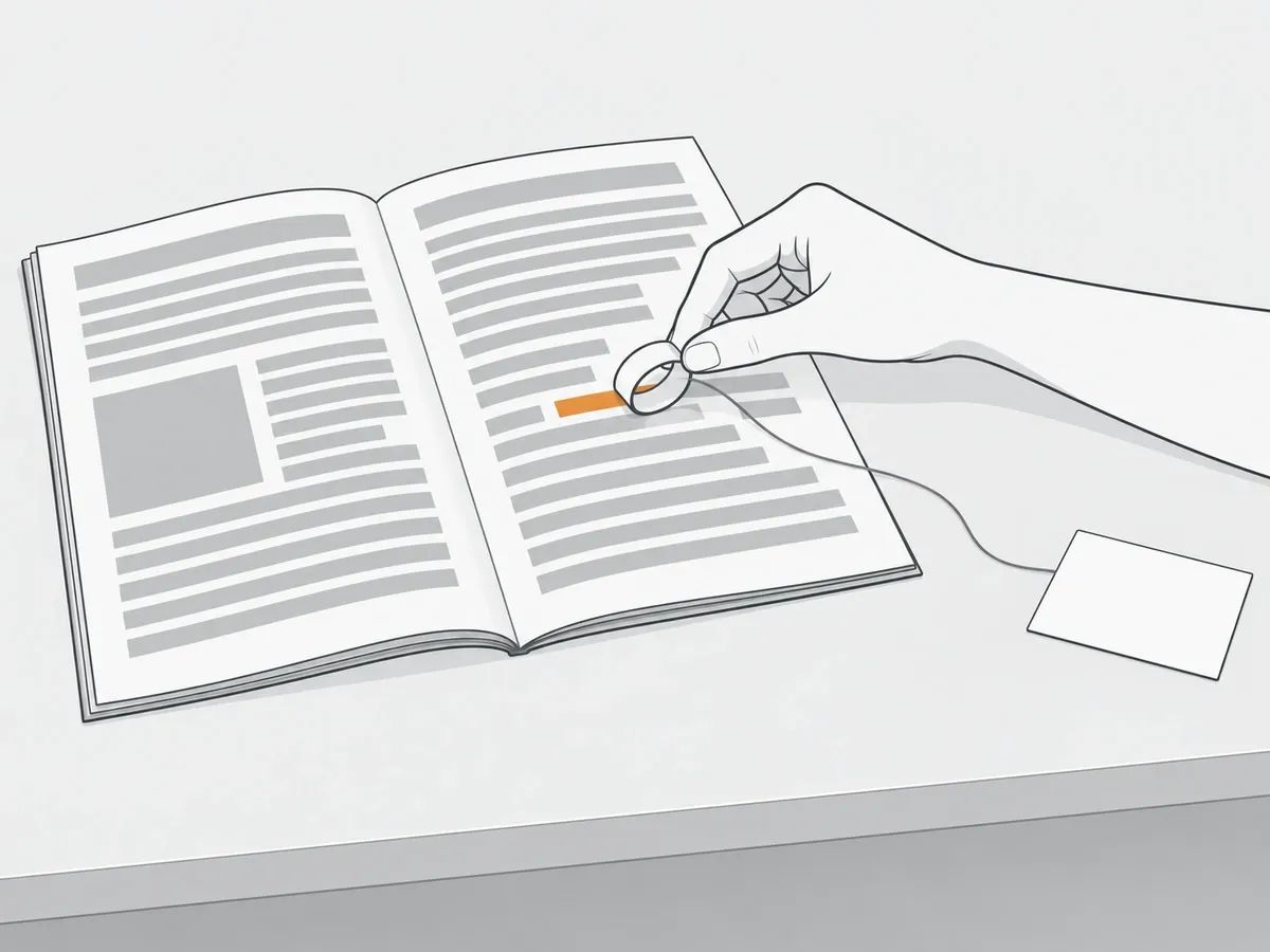 A hand laying a paper chain link on one orange line in an open magazine, with a thread running to a blank card