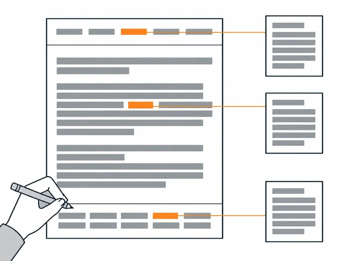 A web page drawn in three zones, a menu strip, a body of text and a footer, with one bar highlighted in orange in each zone and three orange lines of the same weight running to three separate pages, and a hand holding a pencil at the lower left