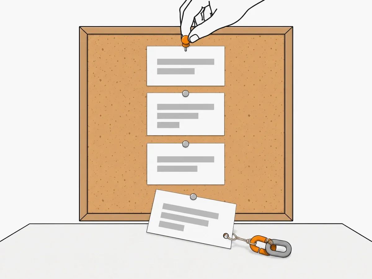 A cork board with four pinned post cards, the newest being pinned at the top and the oldest sliding off the bottom with a chain-link tag