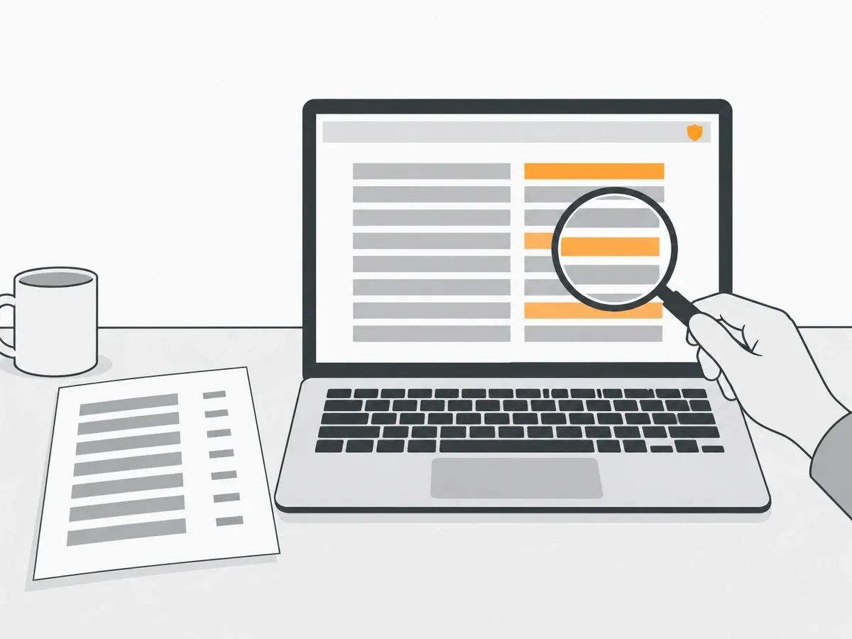 A laptop on a desk showing a plain browser window with a two-column table of grey and orange bars and a small orange badge in the toolbar, a hand holding a magnifying glass over the right-hand column, a printed list of grey bars beside it and a mug at the edge