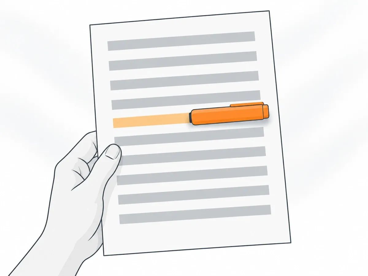 A hand holding a printed sheet of grey ruled rows up to the light, with an orange highlighter lying across one row