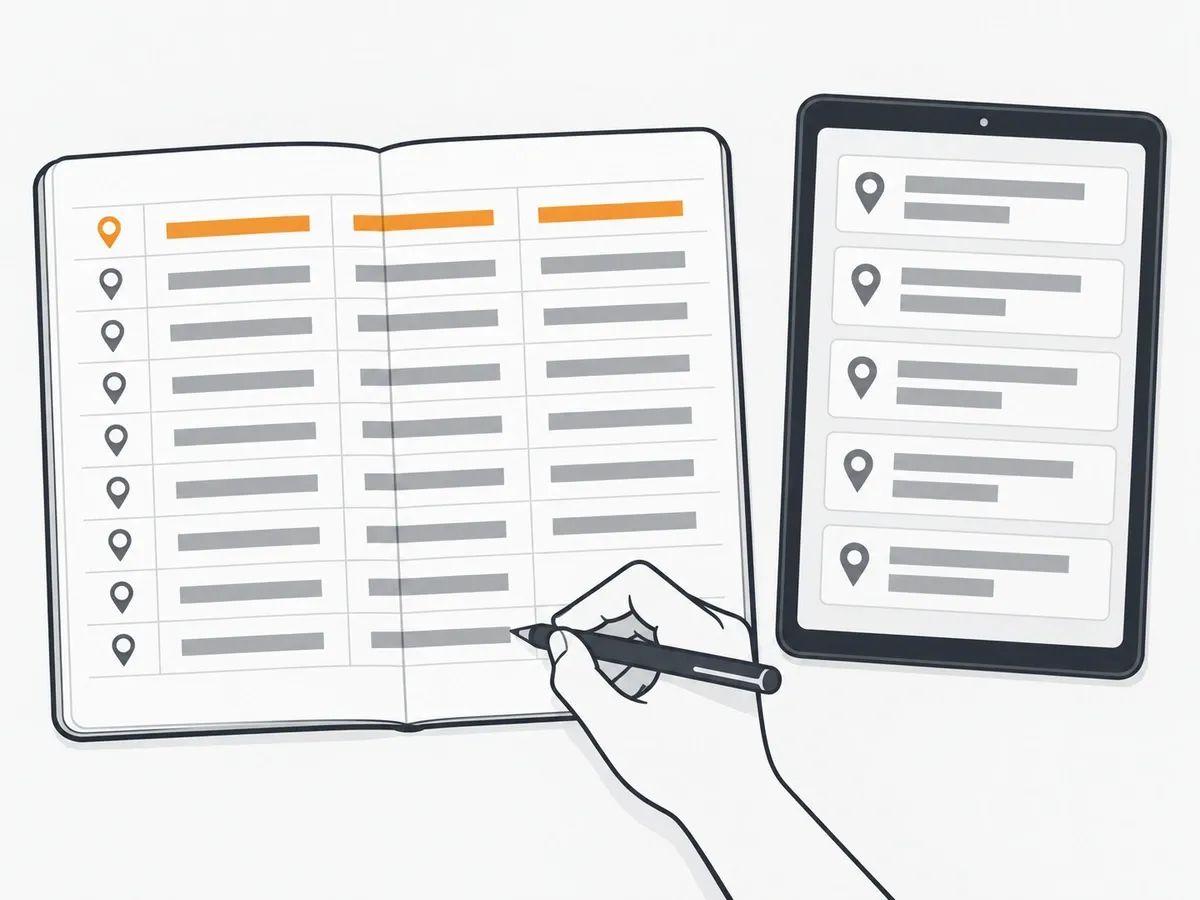 A hand ruling a new row in a notebook grid where each row starts with a map pin and the first row is orange, beside a tablet showing a column of listing cards