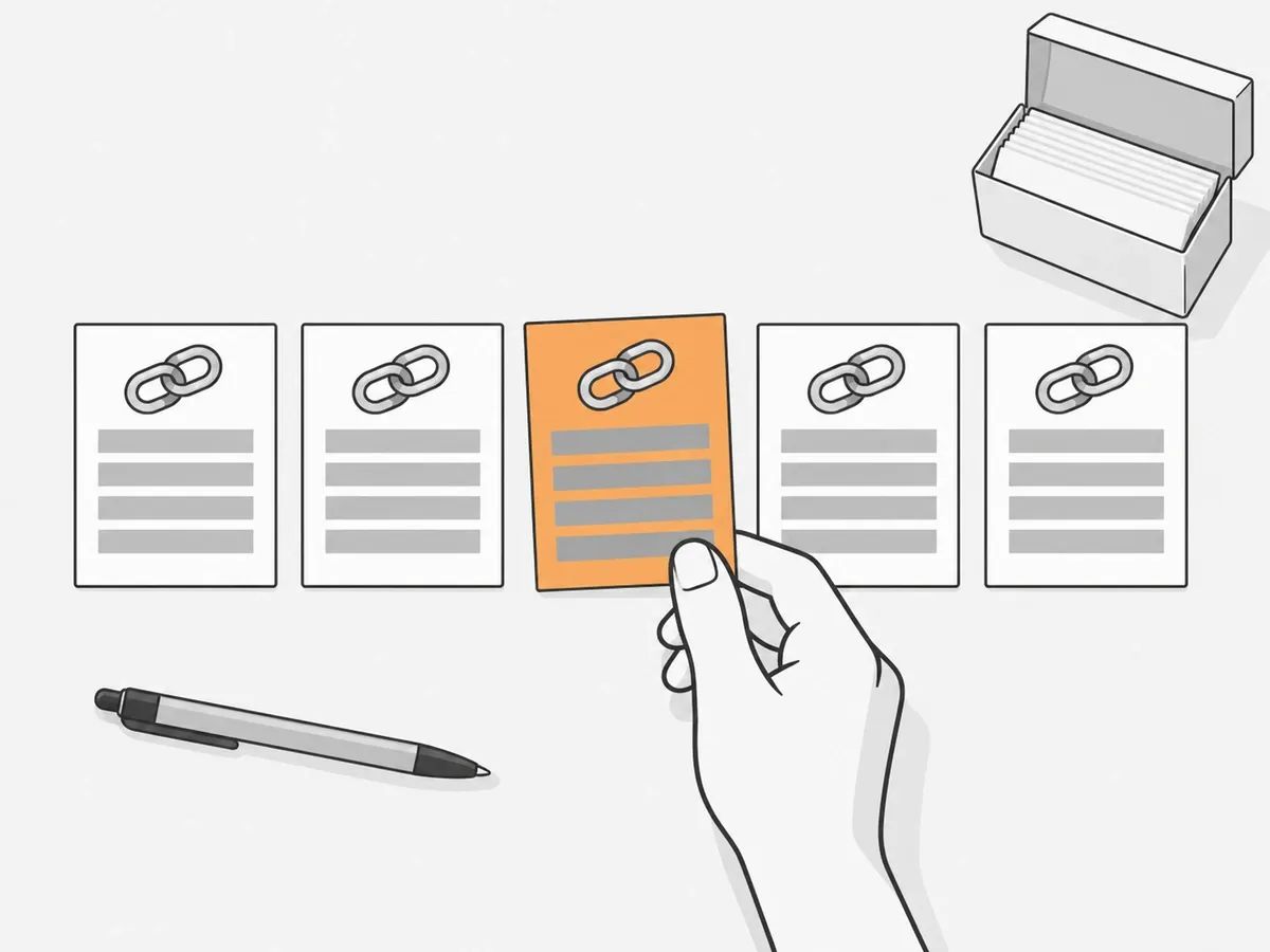 A hand sliding an orange index card into a row of five cards, each with a chain-link symbol above grey bars, with a pen and an open card box on the desk