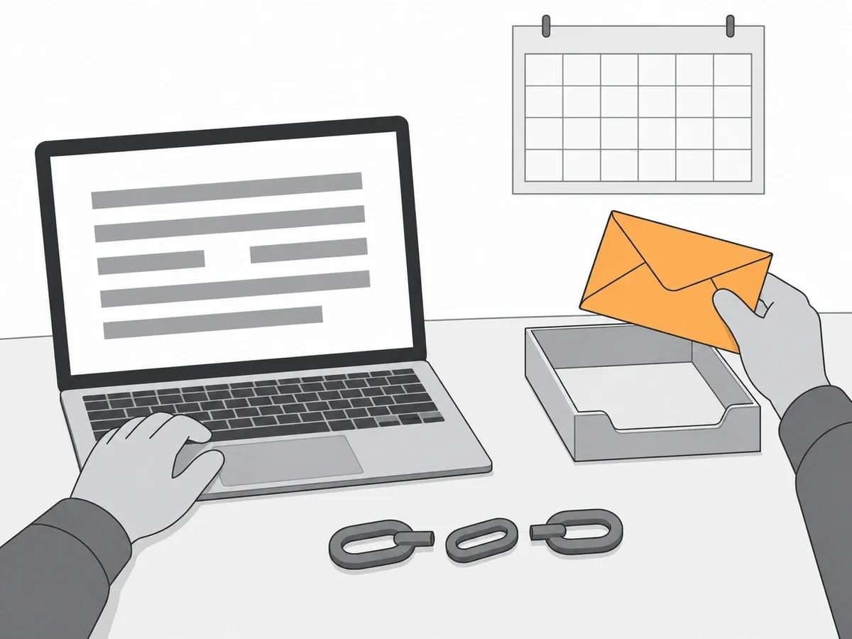 A person at a laptop showing grey bars with a gap in one row, holding an orange envelope over an out tray, with a chain on the desk whose middle link sits apart