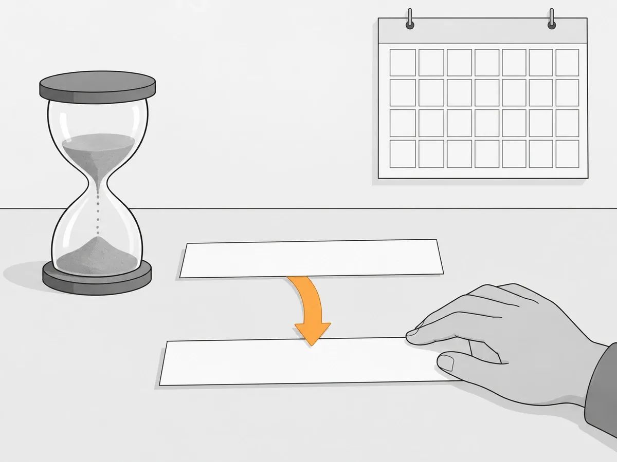 Two blank paper strips on a desk joined by one orange arrow from the upper to the lower, a hand on the lower strip, a sand timer beside them and a blank wall calendar behind