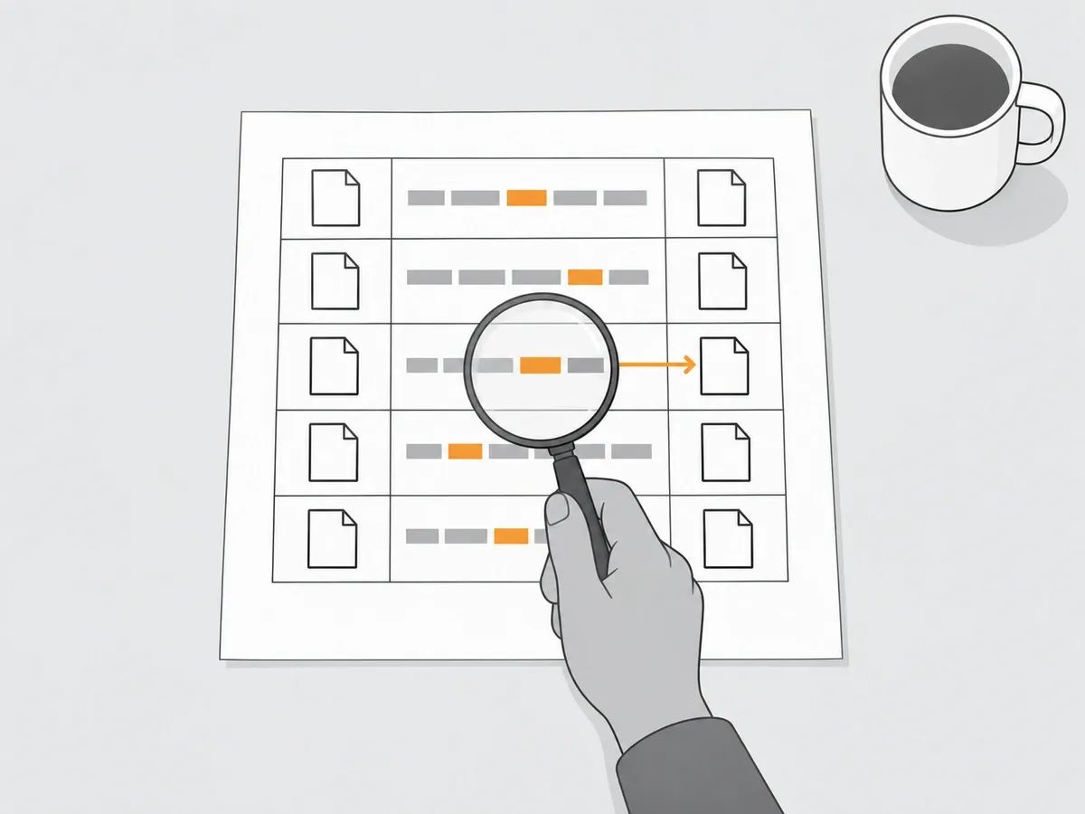 A sheet showing a table of five rows, each with a page icon, a line of grey bars with one orange segment and a second page icon, and a hand holding a magnifying glass over the third row where an orange arrow points to the page on the right