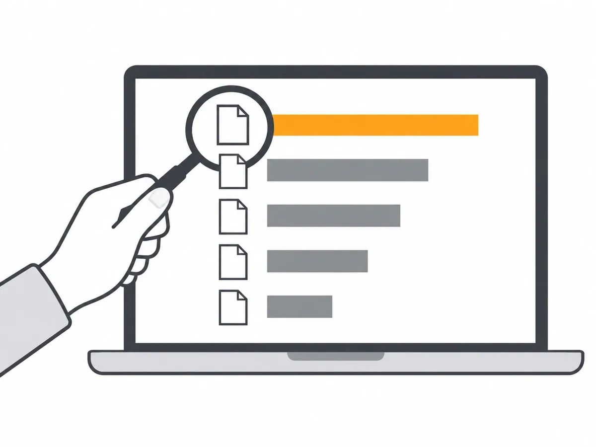 A laptop screen listing five page icons beside bars that get shorter down the list, the top bar orange, with a hand holding a magnifying glass over the top page