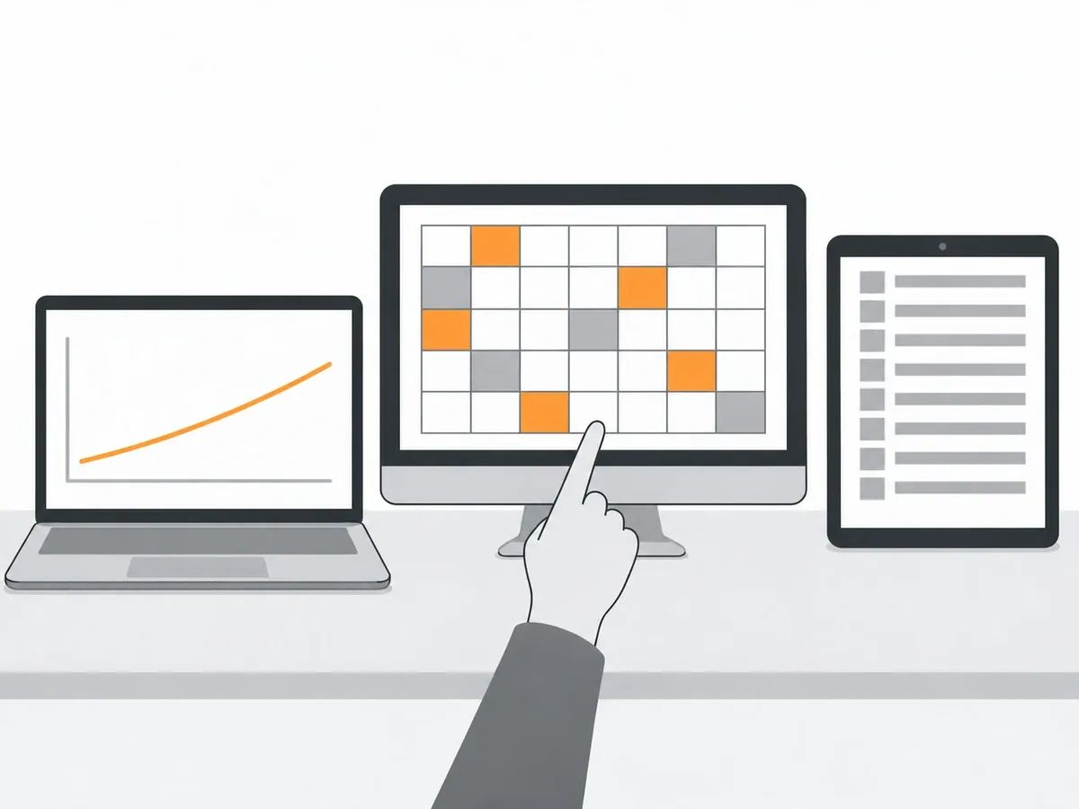 Three screens showing a line chart, a calendar grid and a list of linking pages