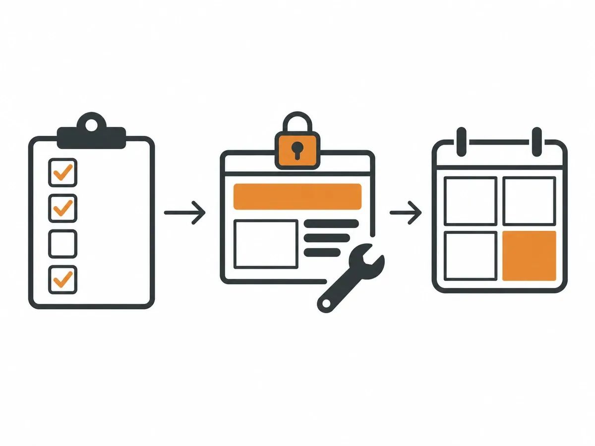 Three steps in a row: a checklist with some boxes ticked, a web page being adjusted with a spanner, and a calendar with its last quarter marked