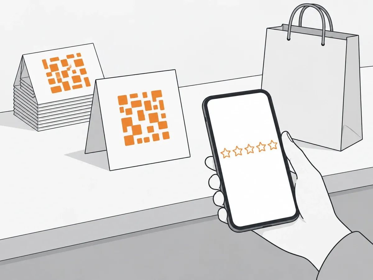 A shop counter with a folded card showing a square of orange blocks, a stack of identical cards behind it, a paper bag, and a hand holding a phone that shows a row of five empty star outlines