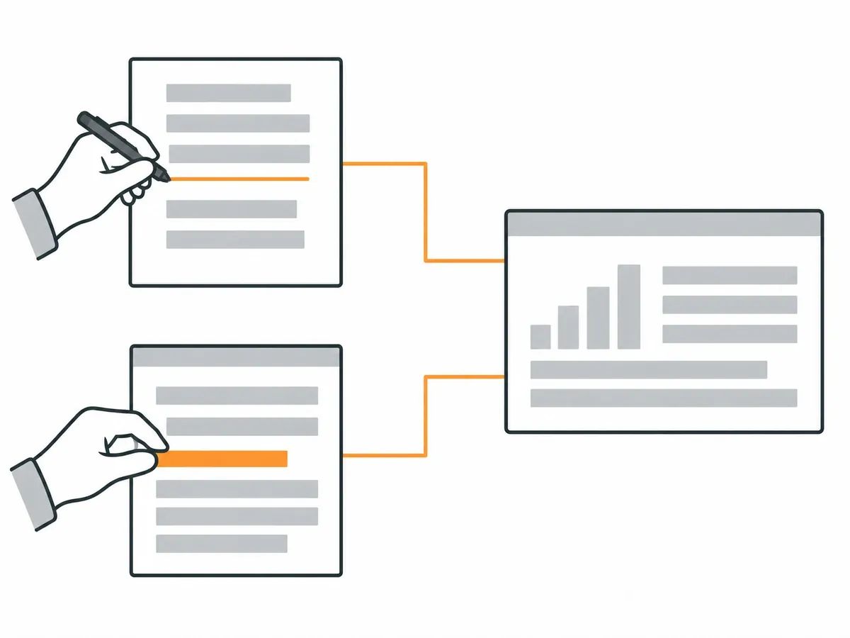 Two pages on the left, one with a hand underlining a line in orange and one with a hand placing an orange bar into an article, each joined by an orange line of the same weight to a web page with a small chart on the right