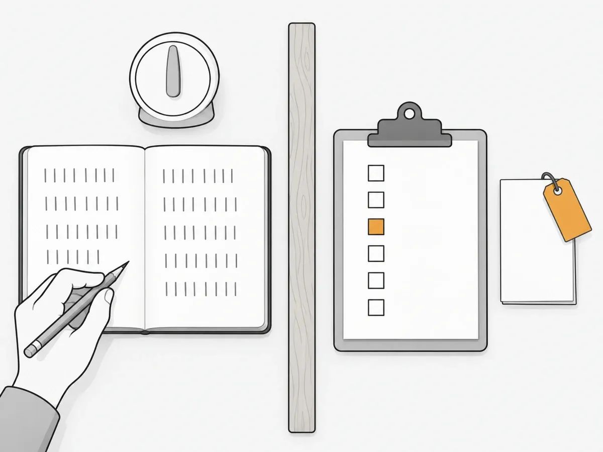 A desk split by a ruler: a notebook of tally marks, a timer and a pencil on one side, a clipboard of boxes with one orange box and a tagged order sheet on the other