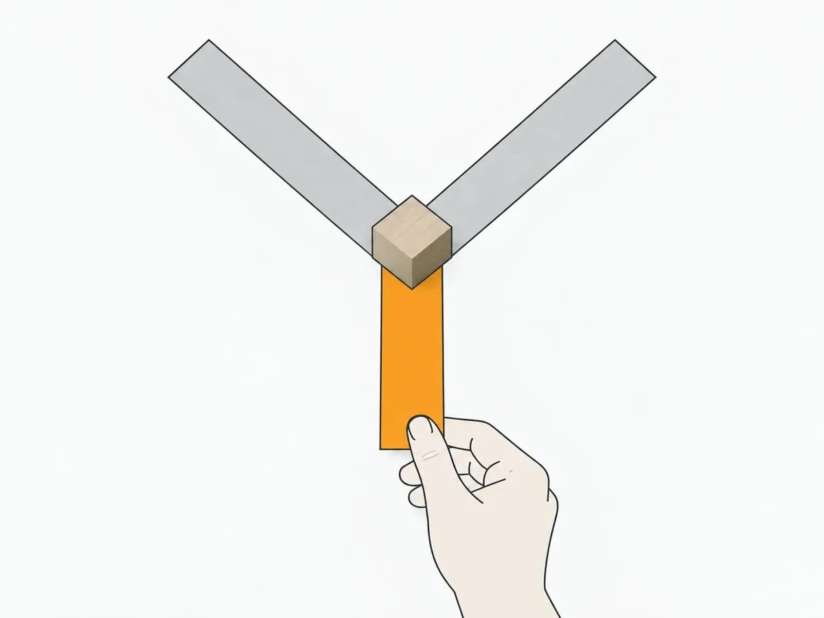 A hand laying the third of three paper strips that meet at one wooden block