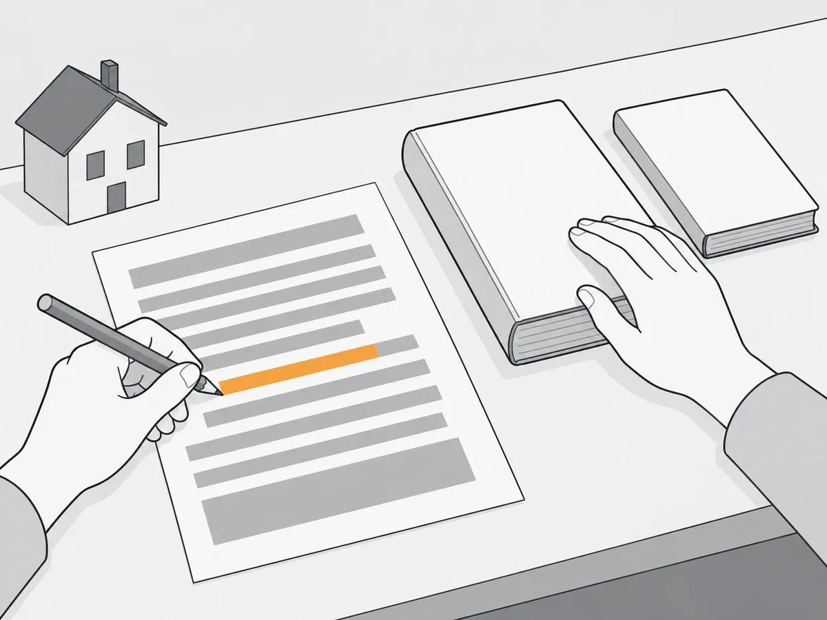 A hand holding a pencil to one orange line of a printed article while the other hand rests on a rule book, with a second book and a model house on the desk