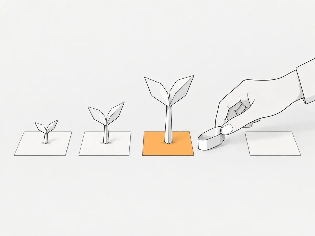 Four cards in a row, three with paper sprouts of different heights, and a hand sliding a paper chain link towards the orange card with the tallest sprout