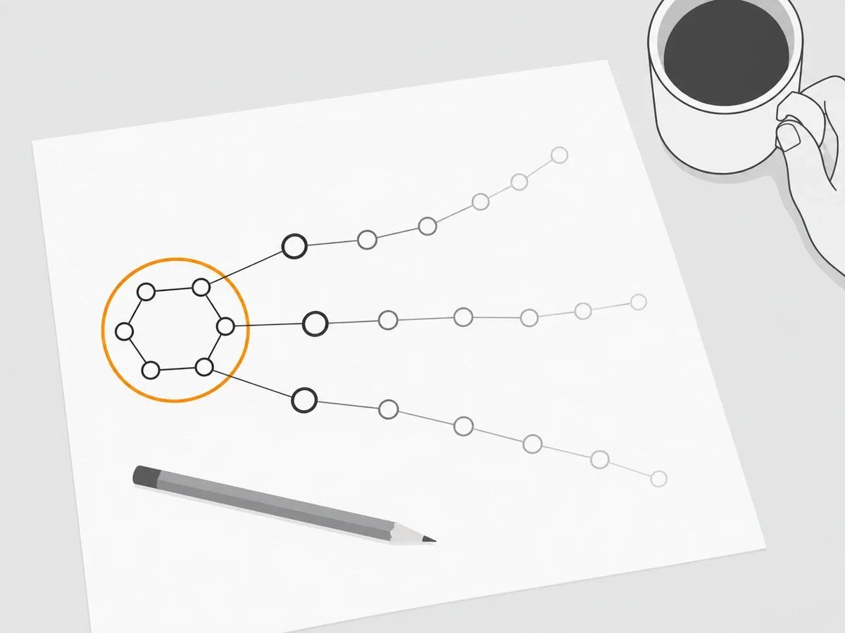 A sheet of paper on a desk with a hand-drawn web of small round nodes: a cluster of six nodes circled in orange at the left, three bolder nodes one line away, and three chains of fainter nodes running out to the right, with a pencil on the paper and a hand holding a mug at the corner