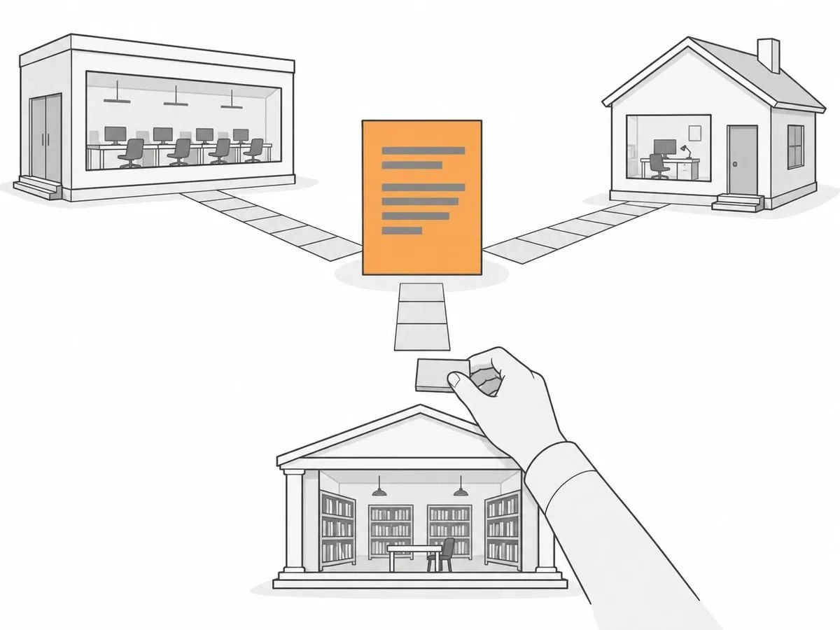 An orange page at the centre with tiled paths leading to it from a newsroom, a house with one desk and a library, and a hand laying the last tile of one path