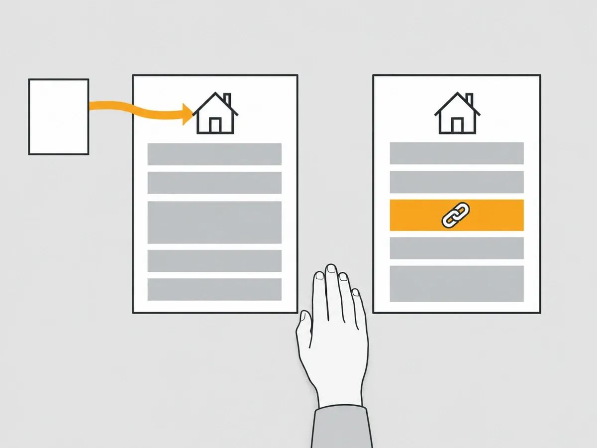 Two web-page wireframes with house icons: on the left a page card links into the house icon, on the right a link bar sits inside the page, with a hand between them