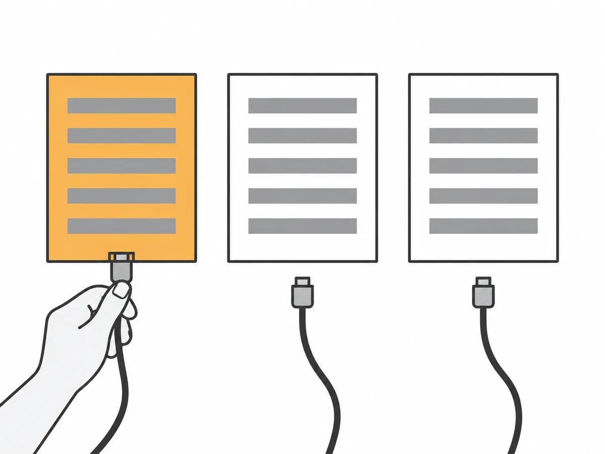 Three pages in a row with a hand plugging a cord into the first, orange page while two loose cords wait beside the others