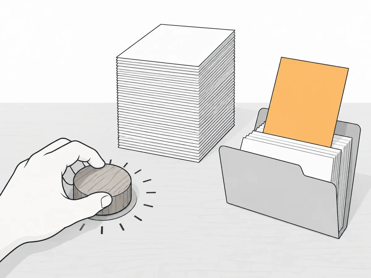 A hand turning a wooden dial beside a tall stack of blank pages and a folder with one orange page lifted out