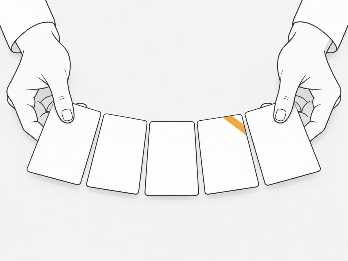Two hands fanning five blank cards face up across a desk