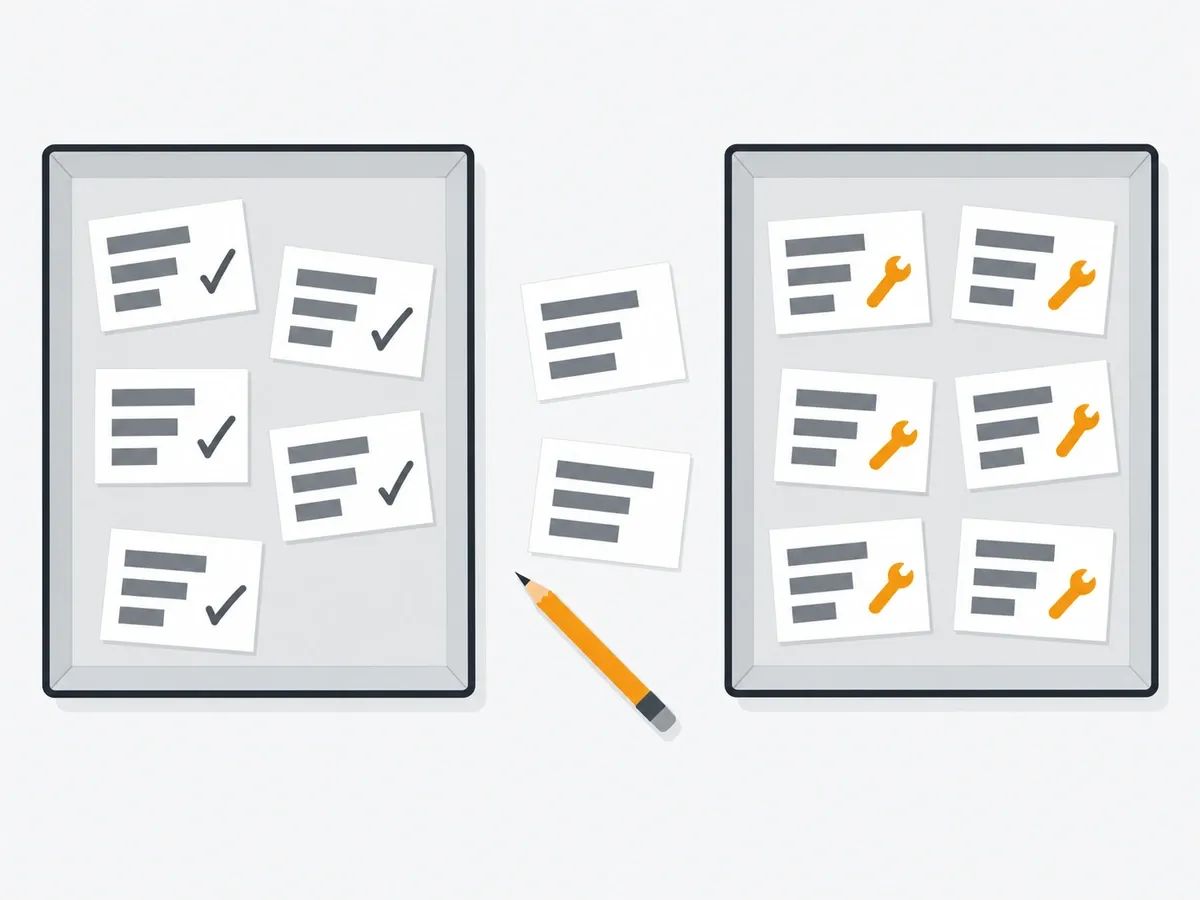Two trays of page cards, one tray ticked and one marked with spanners, with two unmarked cards and a pencil between them