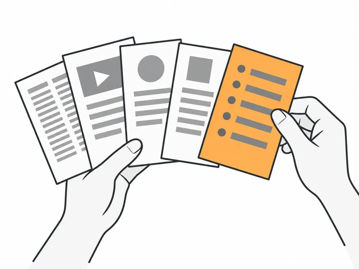 Two hands holding a fan of five blank pages of different layouts, with an orange list page being drawn out