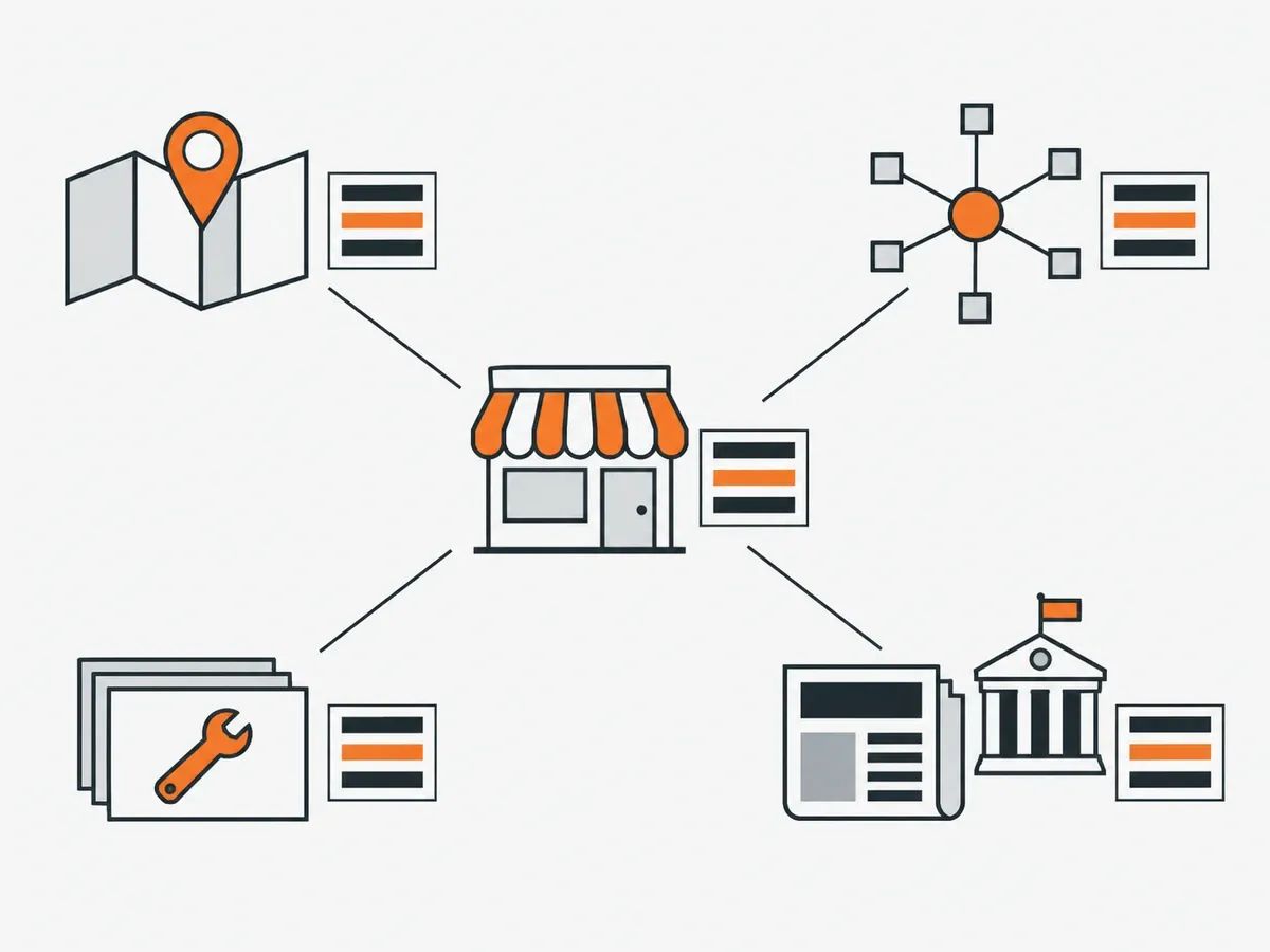 A local business with the same name, address and phone details on four kinds of citation source: map profiles, data providers, trade directories and local sources