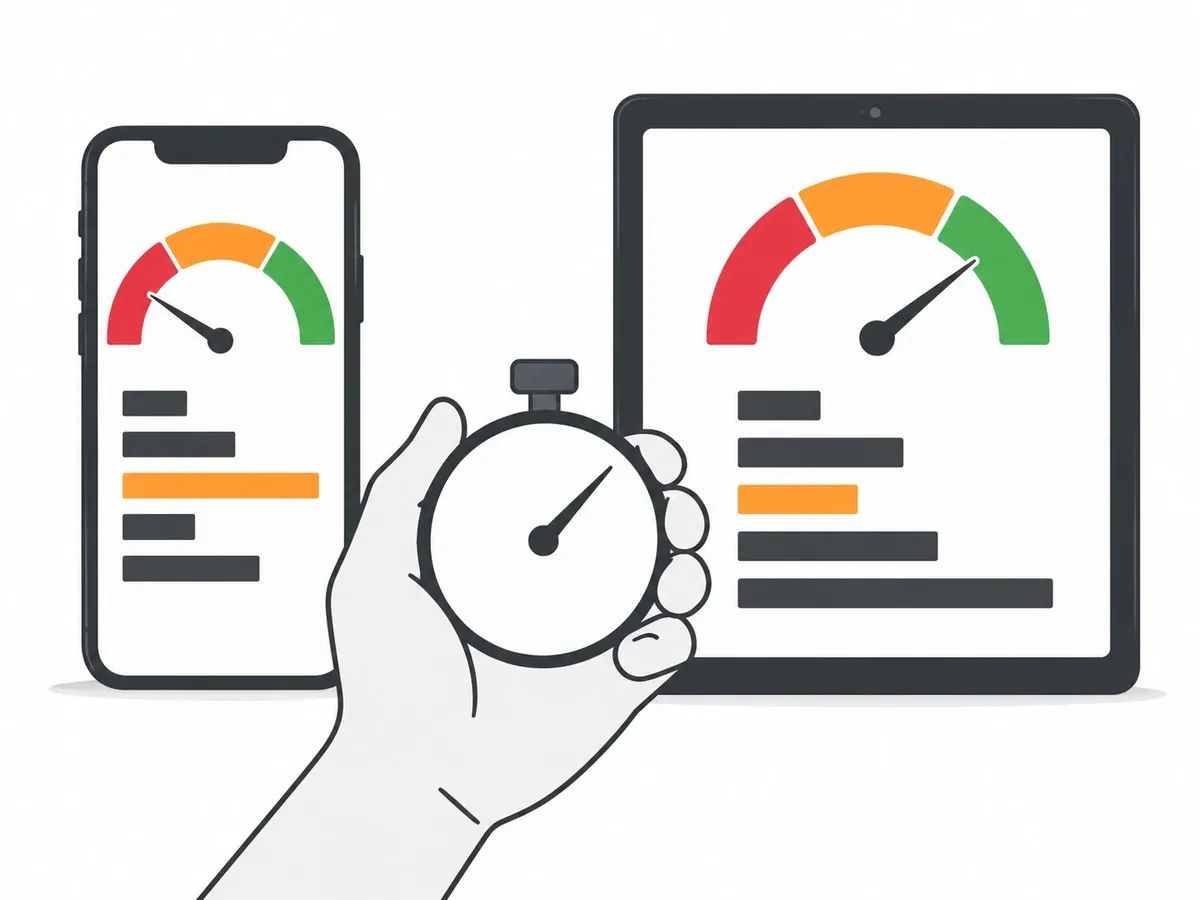 A phone and a tablet side by side, each screen showing a half-circle gauge split into red, orange and green with a needle in a different band, five bars of different lengths beneath each, and a hand holding a plain stopwatch in front