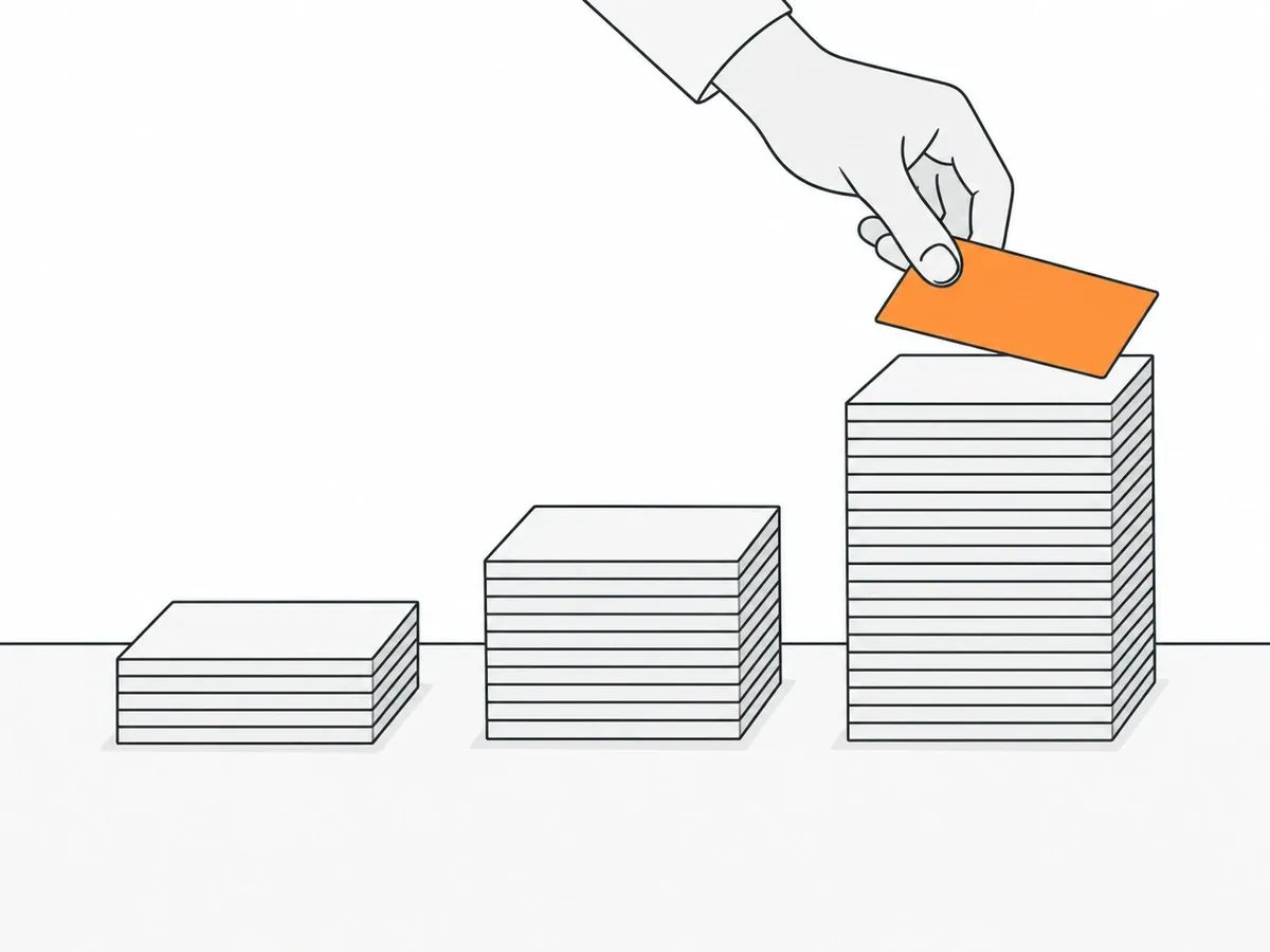 Three stacks of blank cards, short, medium and tall, with a hand placing an orange card on the tallest