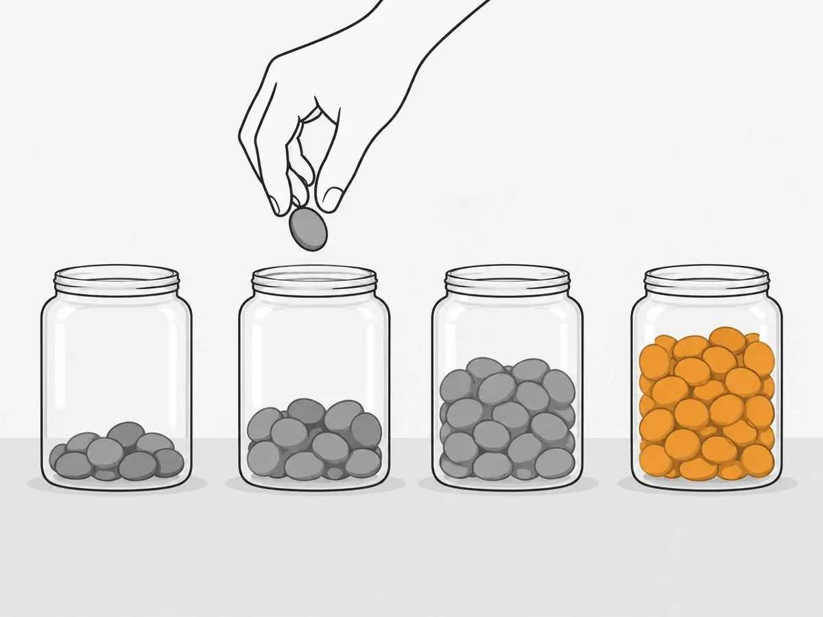 A hand dropping a pebble into the second of four glass jars filled to rising levels, the last jar's pebbles in orange