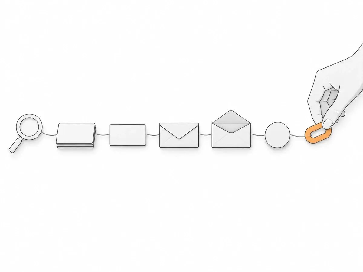 Seven small paper objects in a row joined by a thread, from a magnifier to an orange paper chain link that a hand is placing