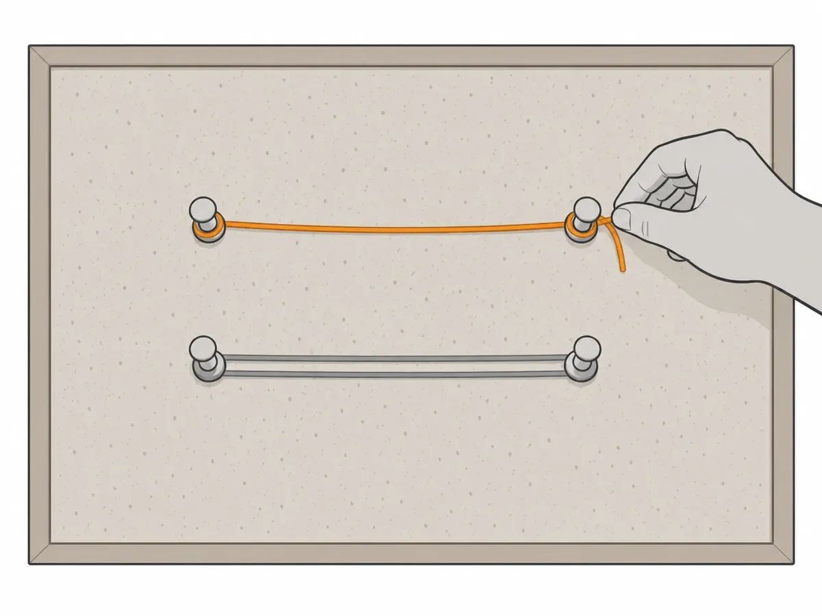 A hand tying one string between two pins on a cork board, above a pair of pins joined by two strings
