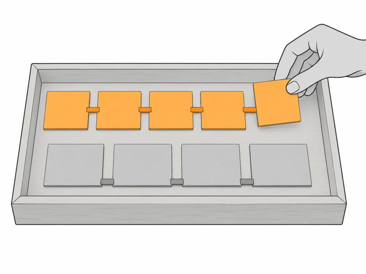 A tray holding two rows of blank tiles, the upper row orange and joined by dashes at mid-height, the lower row grey and joined at the bottom edge, with a hand adding a tile to the upper row