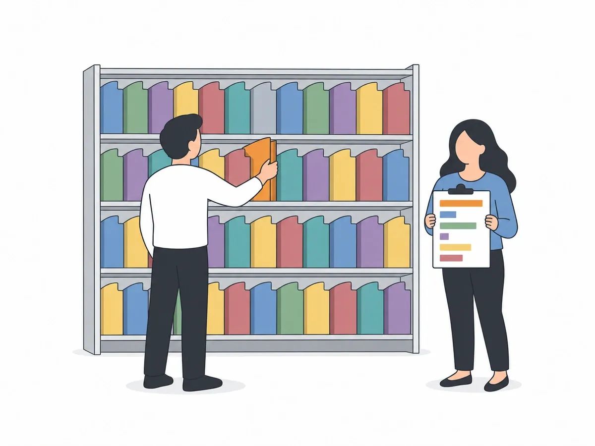 A wall of shelves filled with plain folders in muted colours, a person pulling one orange folder part-way out from the middle shelf, and a second person beside them holding a clipboard with six horizontal bars of different lengths, each the colour of a folder