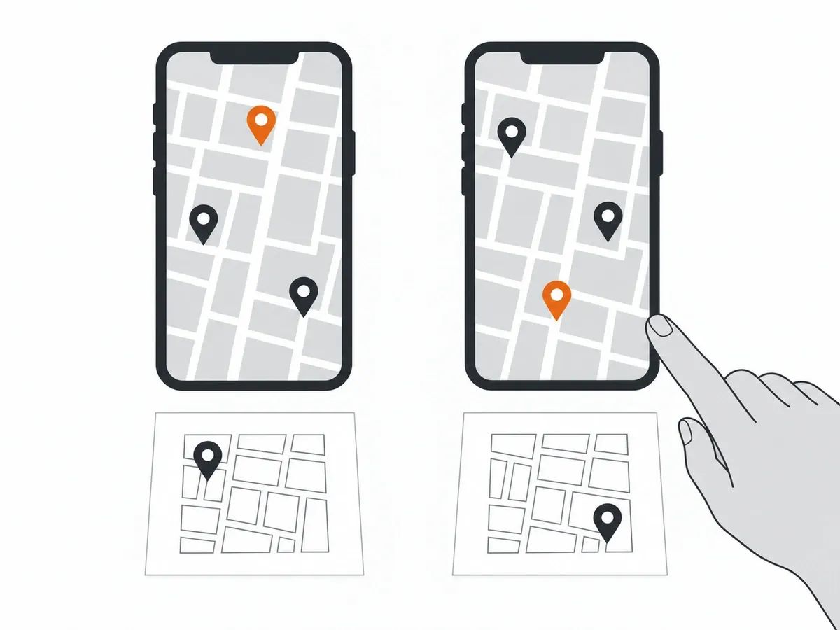 Two phones side by side showing the same street map with three pins each, a different pin highlighted in orange on each phone, and below each phone a small paper map with a pin at a different spot, with a hand touching the right-hand phone