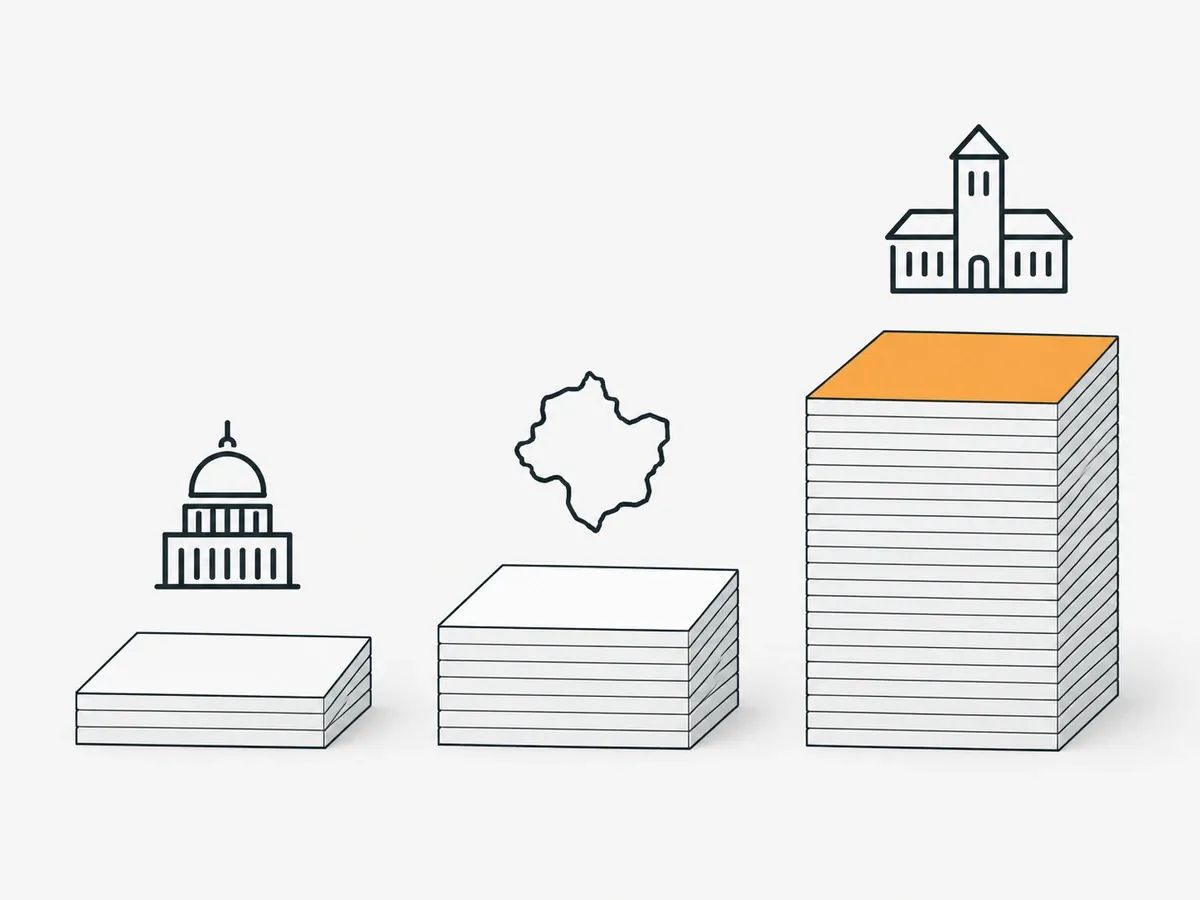 Three stacks of cards of different heights under a capitol dome, a region outline and a town hall, the town hall stack the tallest