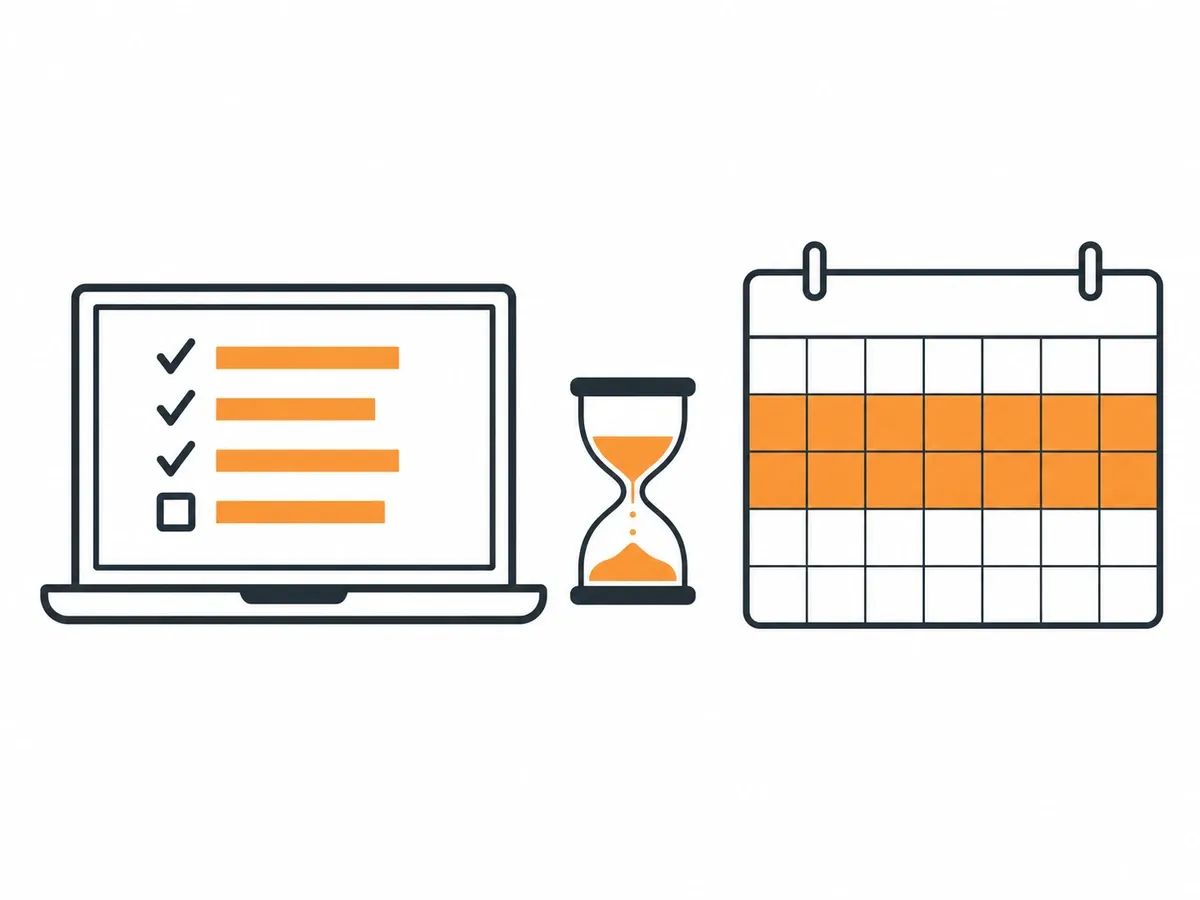 A laptop checklist with three items ticked and one open, an hourglass, and a calendar with two weeks shaded