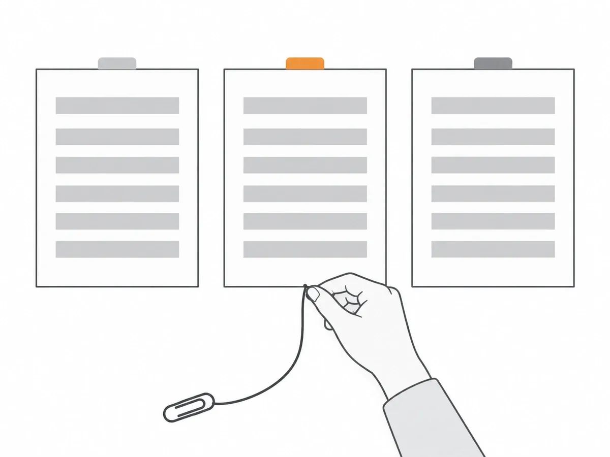 Three matching sheets of paper side by side with a hand holding a string that leads to the middle one, marked with an orange tab