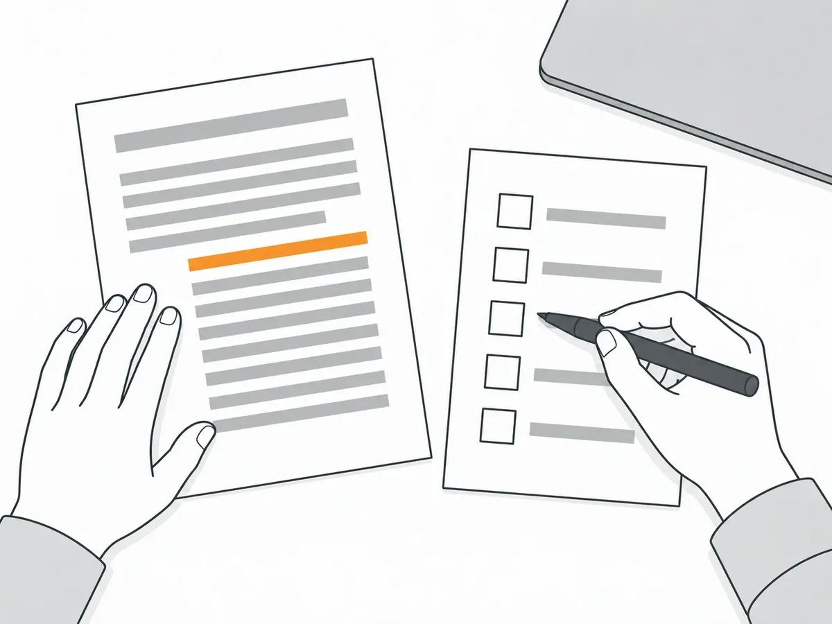 One hand holding a printed article with one orange line flat on a desk while the other holds a pen beside a checklist of five empty boxes