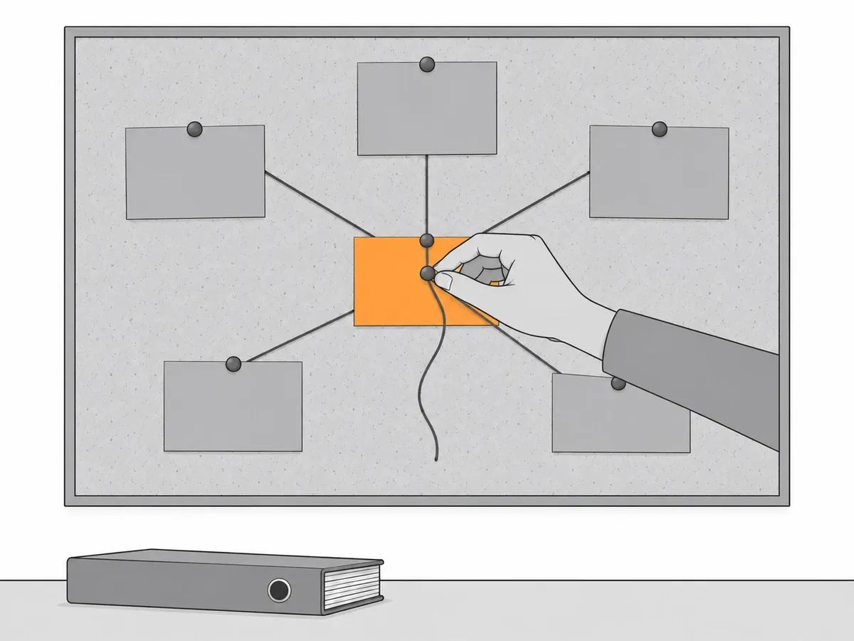A corkboard with one orange card at the centre joined by strings to five grey cards around it, and a hand pinning one more string to the orange card