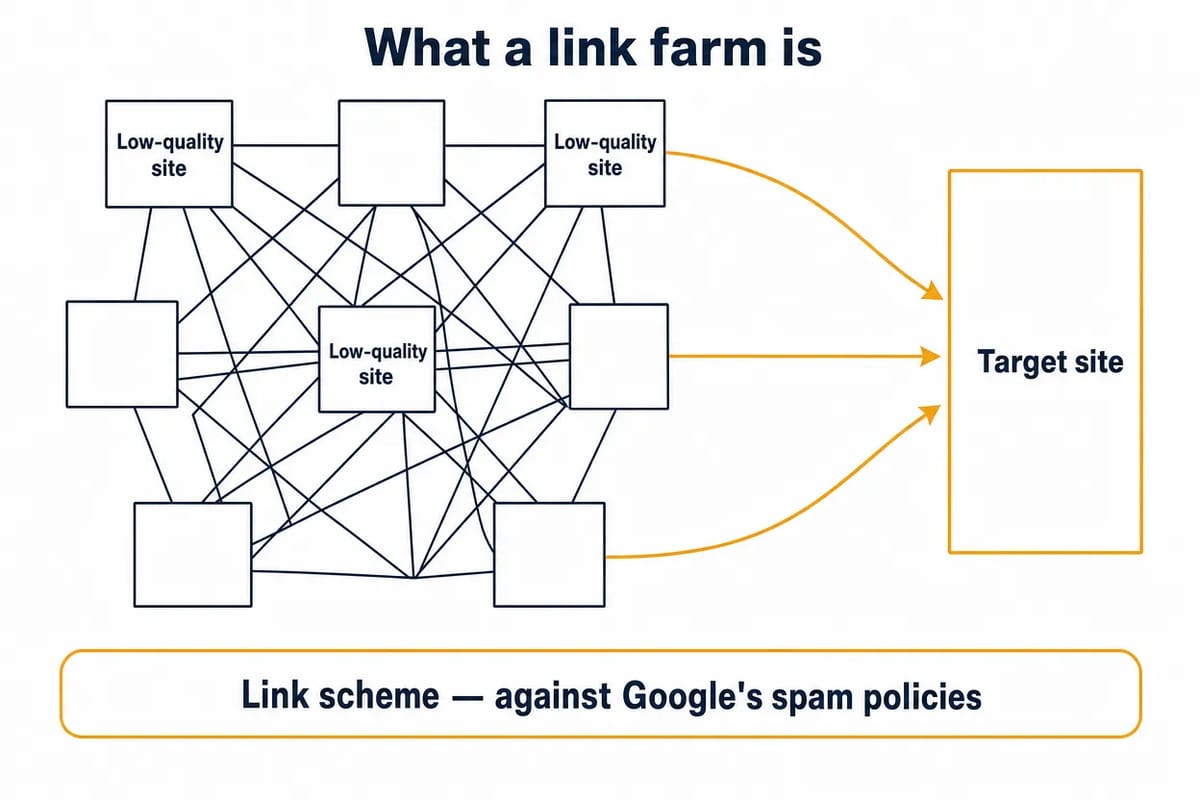 Link farm diagram: many low-quality sites cross-linking each other and pointing at a single target site.
