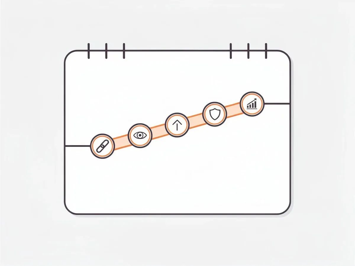 Calendar strip with five unevenly spaced checkpoints for a link building campaign: link live, crawled, indexed, rankings moving, review